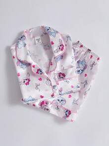 2pcs/Set Piyama Anak Perempuan Motif Kelinci Lucu, Kardigan Lengan Pendek dan Celana Pendek - Berwarna merah muda - View 3