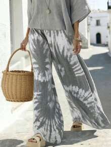 Breezaya Quần ống rộng dáng suông in họa tiết hoa nhuộm tie-dye dành cho nữ, thích hợp cho kỳ nghỉ hè ở bãi biển. - Màu Xám nhạt - Xem 1