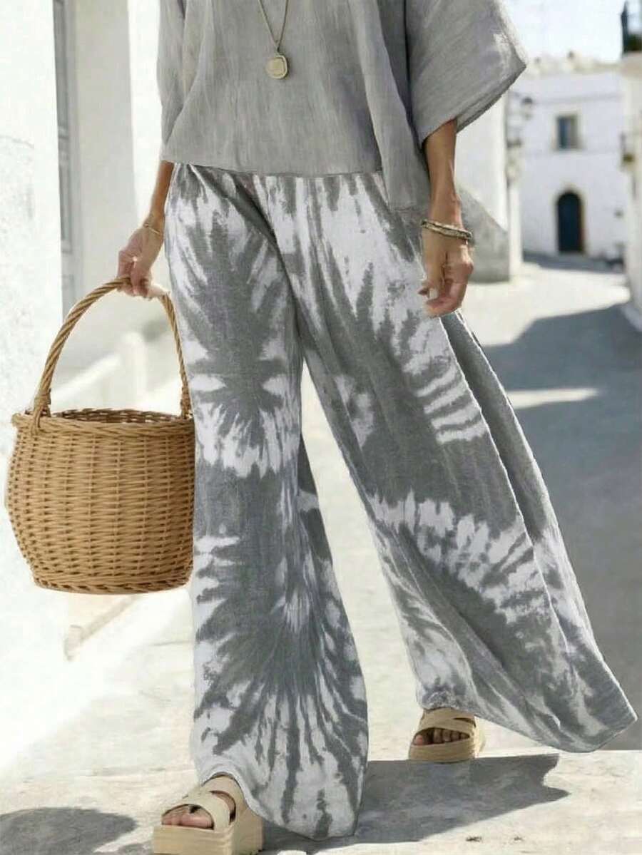 Breezaya Quần ống rộng dáng suông in họa tiết hoa nhuộm tie-dye dành cho nữ, thích hợp cho kỳ nghỉ hè ở bãi biển. - Màu Xám nhạt - Xem 1