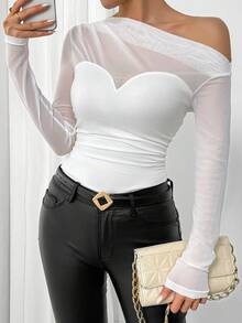 SHEIN T-shirt décontracté à épaules dégagées, polyvalent et à la mode pour la rentrée scolaire. Hauts d'été blancs, chemises habillées décontractées, blouses décontractées pour femmes, tenues de travail pour femmes, blouses près du corps pour femmes, hauts élégants pour femmes, hauts à épaules dégagées pour femmes, hauts près du corps pour femmes, hauts transparents à manches longues pour femmes, hauts transparents pour femmes, hauts à épaules dégagées, hauts près du corps - Blanc - Voir 6