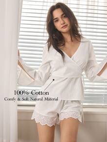 Ocili Tuta comoda in stile boho in morbido cotone con laccetti, set di abbigliamento casual e chic da donna per l'autunno - Bianco - Visualizzare 1