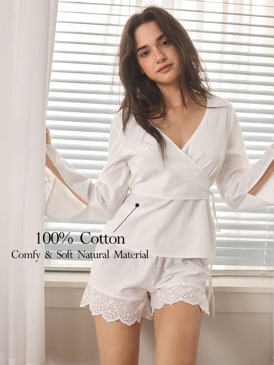 Ocili Tuta comoda in stile boho in morbido cotone con laccetti, set di abbigliamento casual e chic da donna per l'autunno - Bianco - Visualizzare 1