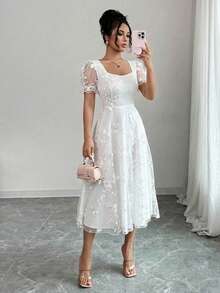 Rafferiza Women's Solid Color Floral Embroidery Petal Sleeve Square Neck Mesh Short Sleeve Dress, Minimalist Style Suitable For Summer Outing And Date - White - View 1