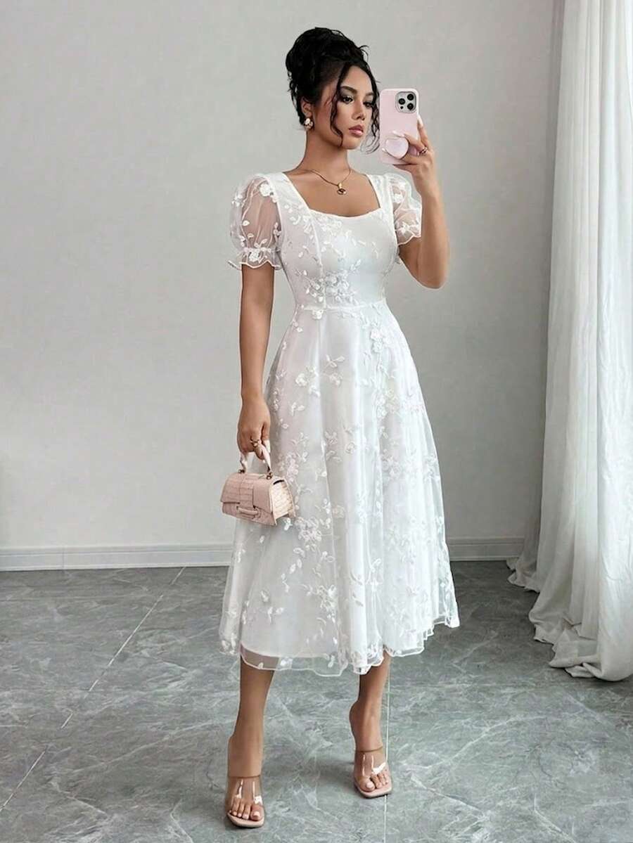 Rafferiza Women's Solid Color Floral Embroidery Petal Sleeve Square Neck Mesh Short Sleeve Dress, Minimalist Style Suitable For Summer Outing And Date - White - View 1