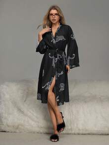 HautHeat 女士动物纹打结腰身休闲家居服睡袍 - 黑色 - 查看 3