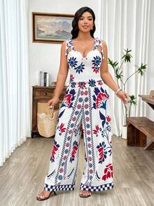 Weeklong Ensemble 2 pièces grande taille pour femmes, comprenant un débardeur à nœud papillon élégant et des pantalons droits à jambes larges imprimés, idéal pour les sorties décontractées, les vacances, les festivals de musique bohèmes, les fêtes d'été et les tenues modernes - Multicolore - Voir 7