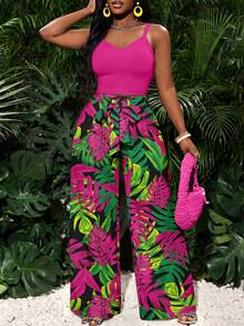 Slaydiva Bộ 2 quần dài nữ kiểu dáng thường ngày, trang phục đi nghỉ mát, trang phục mùa hè cho nữ, họa tiết lá cọ, họa tiết lá Hawaii. - Nhiều màu - Xem 5