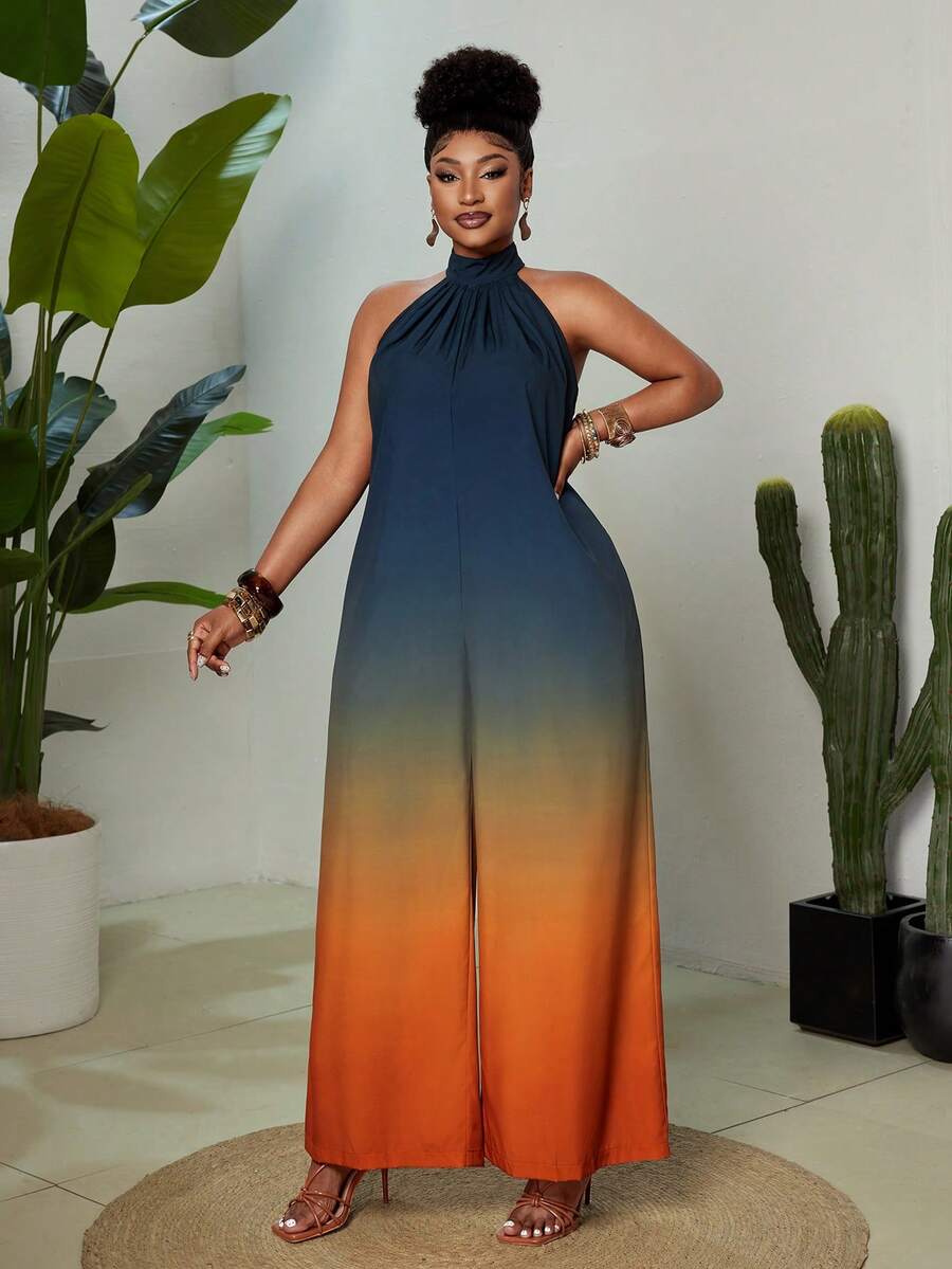 Maweii Plus Size Gradient Print Halter Jumpsuit, Casual Summer - Multicolor - View 1