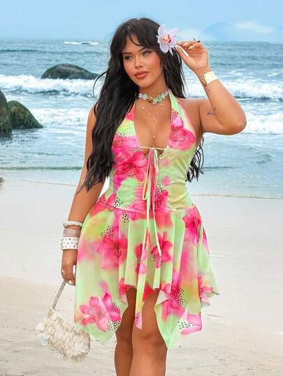 Rustia Vintage Halter Neck Beach Vacation Floral Print Irregular Tie Strap V-Neck Sexy Bodycon Dress For Women