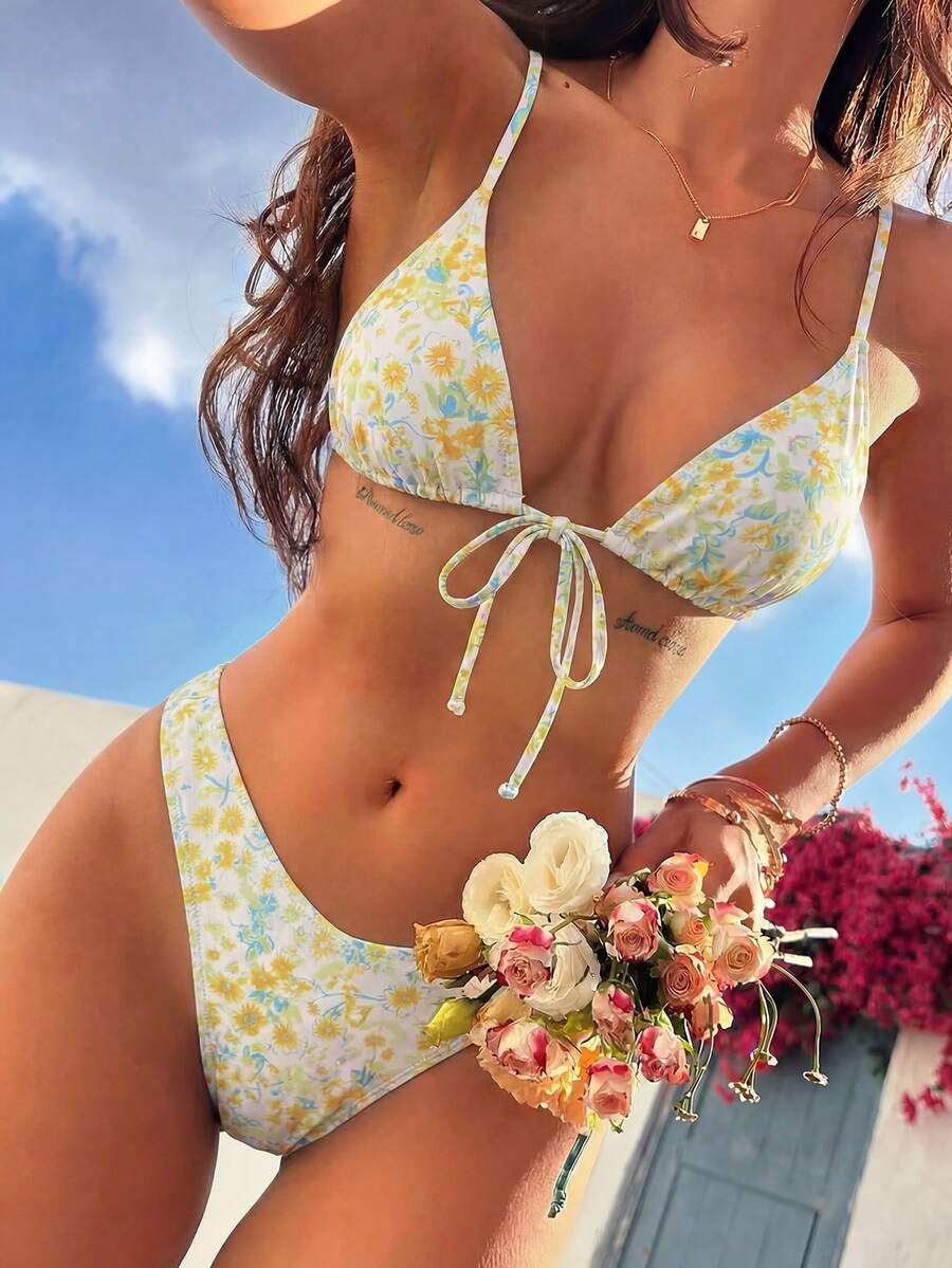 Swim Mod Women's Tropical Print Two Pieces Bikini Set, Casual Holiday - Multicolor - View 1