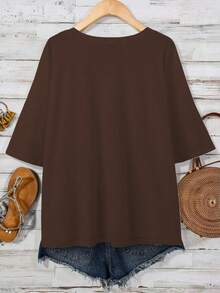 EMERY ROSE Women's V-Neck Loose Casual Bestselling T-Shirt - Coffee Brown - View 2