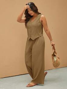 Elaquor Conjunto de 2 piezas de top de tirantes y pantalones de unicolor casual talla grande - Caqui - Ver 4