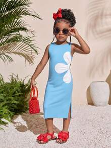 Young Girl Tropical Fashion Fuchsia Round Neck Waist Cutout A-Line Dress - Blue - View 3