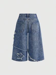 ROMWE Grunge Punk Quần short denim nữ mùa hè mới, kiểu dáng thời trang thường ngày với họa tiết thêu ngôi sao năm cánh, quần short Bermuda denim dành cho nữ. - Rửa trung bình - Xem 2