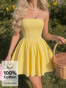Skyraze Vestido mini tubo de unicolor casual para mujer, verano - Amarillo - Ver 3