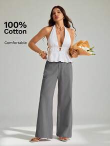 SHEIN Tall 100%水洗棉低腰直筒長褲，適合高個女性 - 灰色 - 查看 7