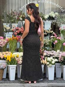 Plus Size Women's Black Polka Dot Print Fishtail Hem Dress, Spring/Summer - Black - View 2