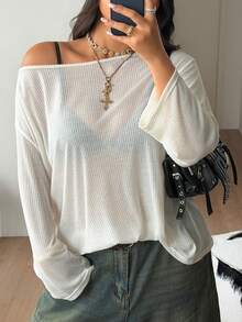 Coolane Women's Plus Size Summer Oversized Inclusive Sizing Streetwear Y2K  Comfortable Asymmetrical Neck Knit Off The Shoulder Long Sleeve T-Shirt - White - View 5