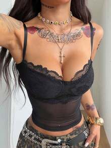 Coolane 女士春季音乐会服装 锐舞服装 音乐节外出锐舞服装 文艺复兴集市俱乐部服装 派对嬉皮风撞色蕾丝背心 - 黑色 - 查看 4