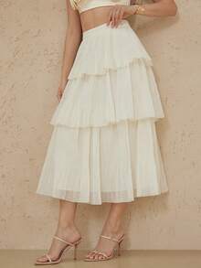 Aveloria Rosie 优雅法式风格女士简约浪漫约会奢华质感仿亚麻多层褶裥半身裙 - 白色 - 查看 3