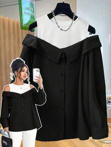 GlowEve CURVE Áo thun nữ cỡ lớn thời trang thường ngày cá tính đa năng thanh lịch 2 trong 1 màu tương phản - Đen và trắng - Xem 1