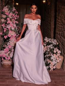 Glamrae 优雅白色奢华缎面手工3D立体花卉单肩加大码白色婚纱 - 白色 - 查看 5