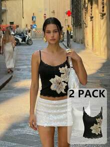 Aloruh 2件套女士夏季休闲复古花卉刺绣拼接蕾丝修身短款吊带背心，花卉刺绣吊带背心，优雅细肩带无袖背心，夏季派对外出上衣 - 彩色 - 查看 2