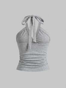 ROMWE 女士Y2K性感露背褶皱短款背心 - 灰色 - 查看 2