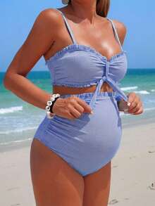 SHEIN Bộ đồ bơi tankini bầu mùa hè 25SS kẻ caro kiểu dáng thường ngày dành cho bà bầu - Màu xanh lam - Xem 3