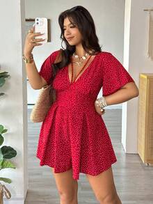 Vionelle Plus Size V-Neck Short Sleeve Flare Sleeve Belted Ruched Polka Dot Jumpsuit, Casual Summer Versatile Cute Dress For Women Vacation Outfits Women Dress Best Selling Dresses Womans Dresses - Red - View 6