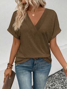 SHEIN LUNE Women's Solid Color V-Neck Short Sleeve Casual Versatile T-Shirt - Coffee Brown - View 3