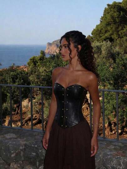 SHEIN MOD 女士纯色金属不对称下摆性感抹胸上衣