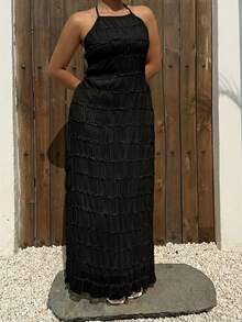 Dazy Plus Chiffon Mesh Sexy Lace-Up Backless Dress, Vacation Style Sun Dresses For Women Summer - Black - View 7