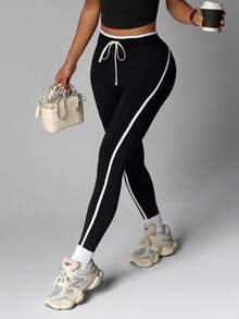 With My Calm Quần legging thể thao yoga không đường may/Sọc tương phản bên hông/Kiểu dáng ôm sát/Yoga thể dục/Thể thao ngoài trời/Chạy bộ/Đạp xe/ - màu đen - Xem 3
