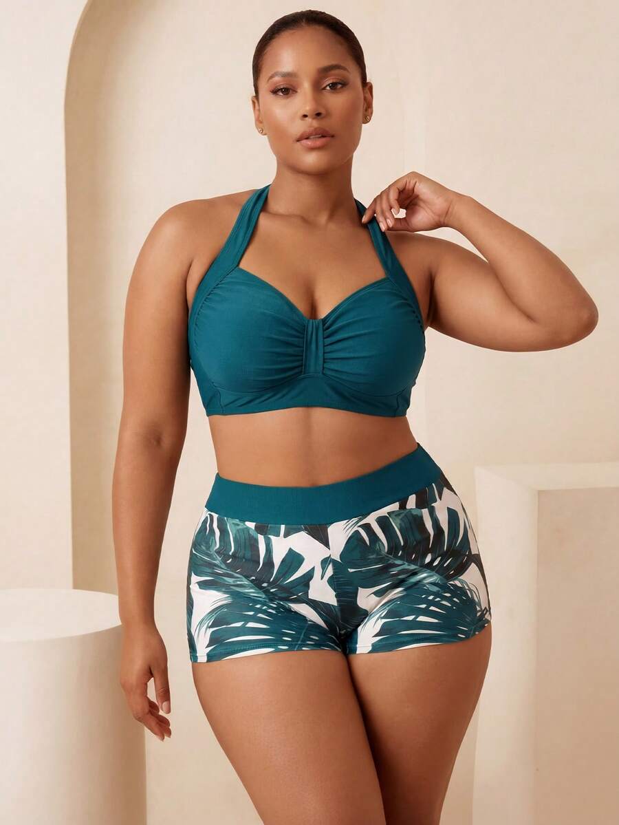 Swim Lushoire 2026 Spring Plus Size Women's Leaf Print Halter Bikini Set, Includes Tankini Top And Boyshort Bottoms - Multicolor - View 1