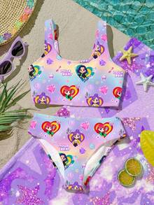 Cartoon Girl , Vibrant Purple, Cartoon Girl Group Swimwear Print Pattern, Tween Girl Casual Minimalist Camisole & Triangle Bikini Swimwear Set, Suitable For Summer - Multicolor - View 4