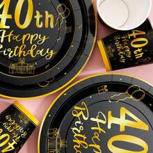 Platos, servilletas y vasos desechables conmemorativos del 40 cumpleaños en negro y dorado, sirve para 20 invitados. Este conjunto de fiesta desechable (que incluye platos, servilletas y vasos) es perfecto para fiestas de cumpleaños, bodas y picnics familiares. - Ver 6