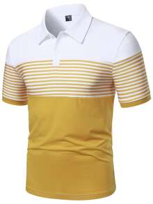 Manfinity Homme Áo polo nam tay ngắn kẻ sọc phối màu, kiểu dáng thường ngày, thích hợp cho mùa hè. - Nhiều màu - Xem 3