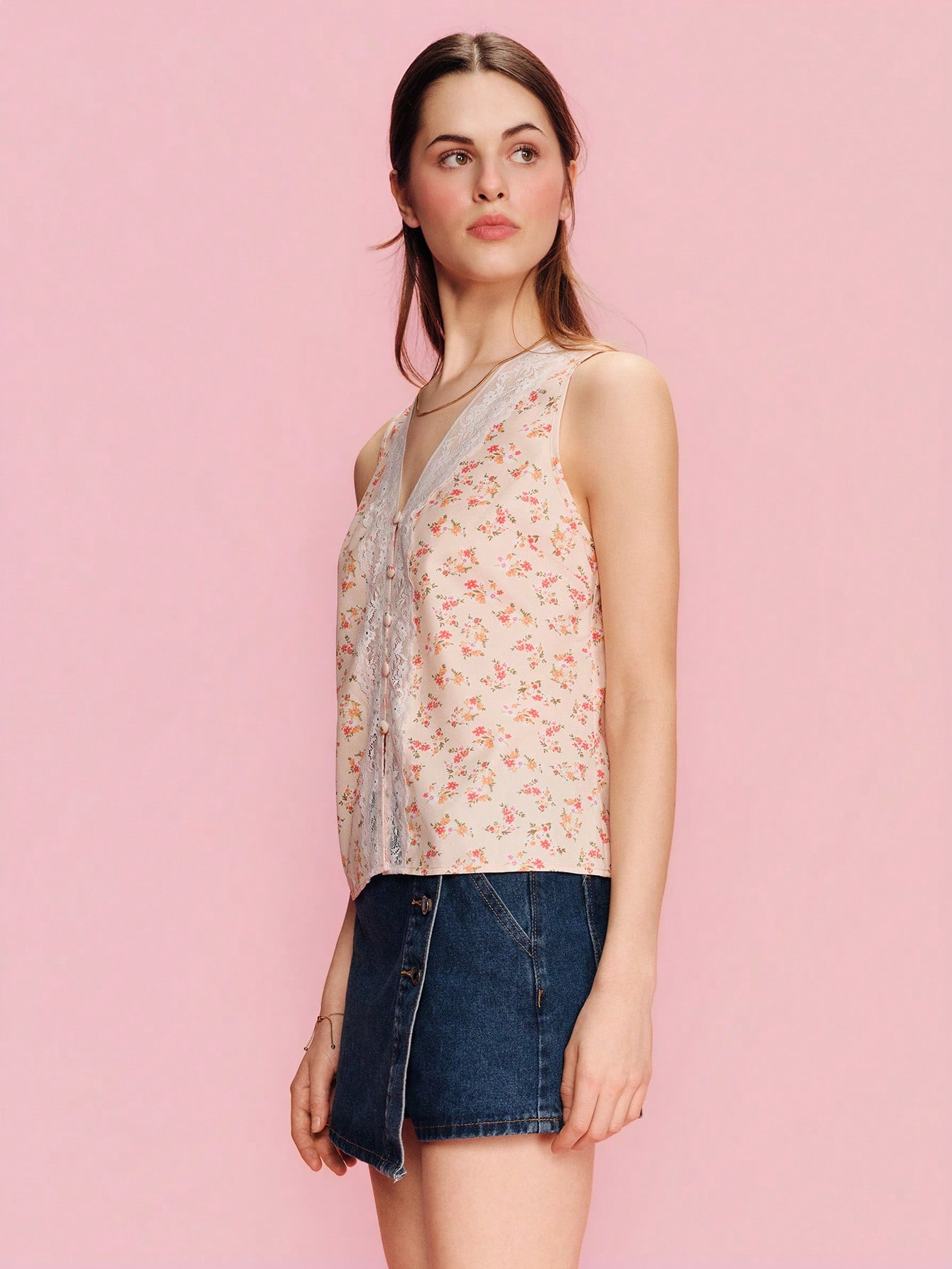 Ecru Floral-Print Top With White Lace Detailing Cute Chic Style