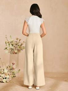 Combinaison élégante avec garniture en dentelle pour filles et femmes, pantalon à taille haute et jambes larges en tissu doux et tissé, convient pour le port quotidien, les fêtes et les rassemblements - Nude - Voir 2
