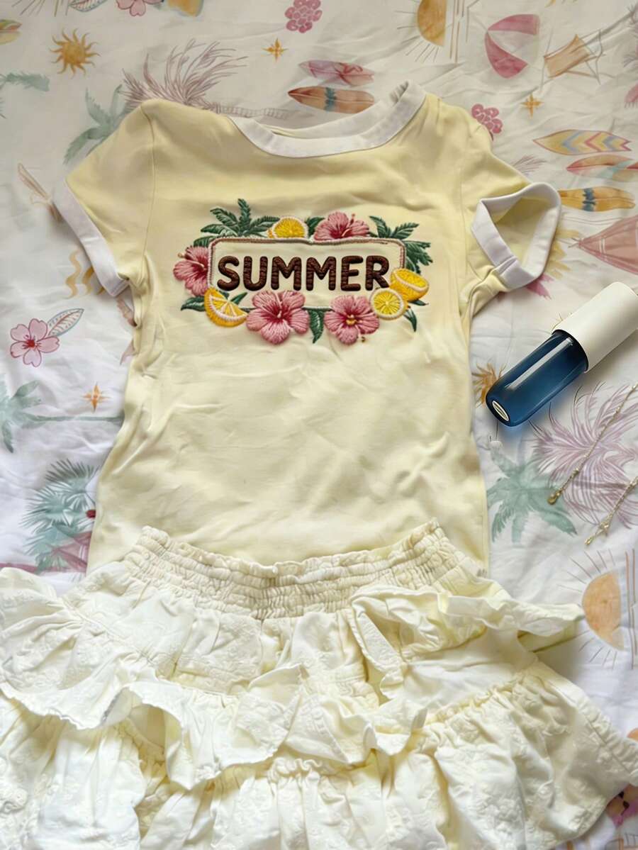 SHEIN Women's Pale Yellow Ink Print Fitted Short Sleeve T-Shirt Beach Vacation Summer Tropical - Multicolor - View 1