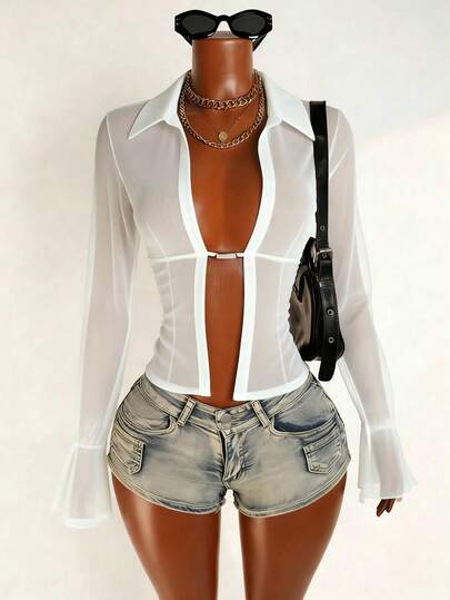 Mistrie Áo sơ mi đen xuyên thấu gợi cảm dành cho nữ