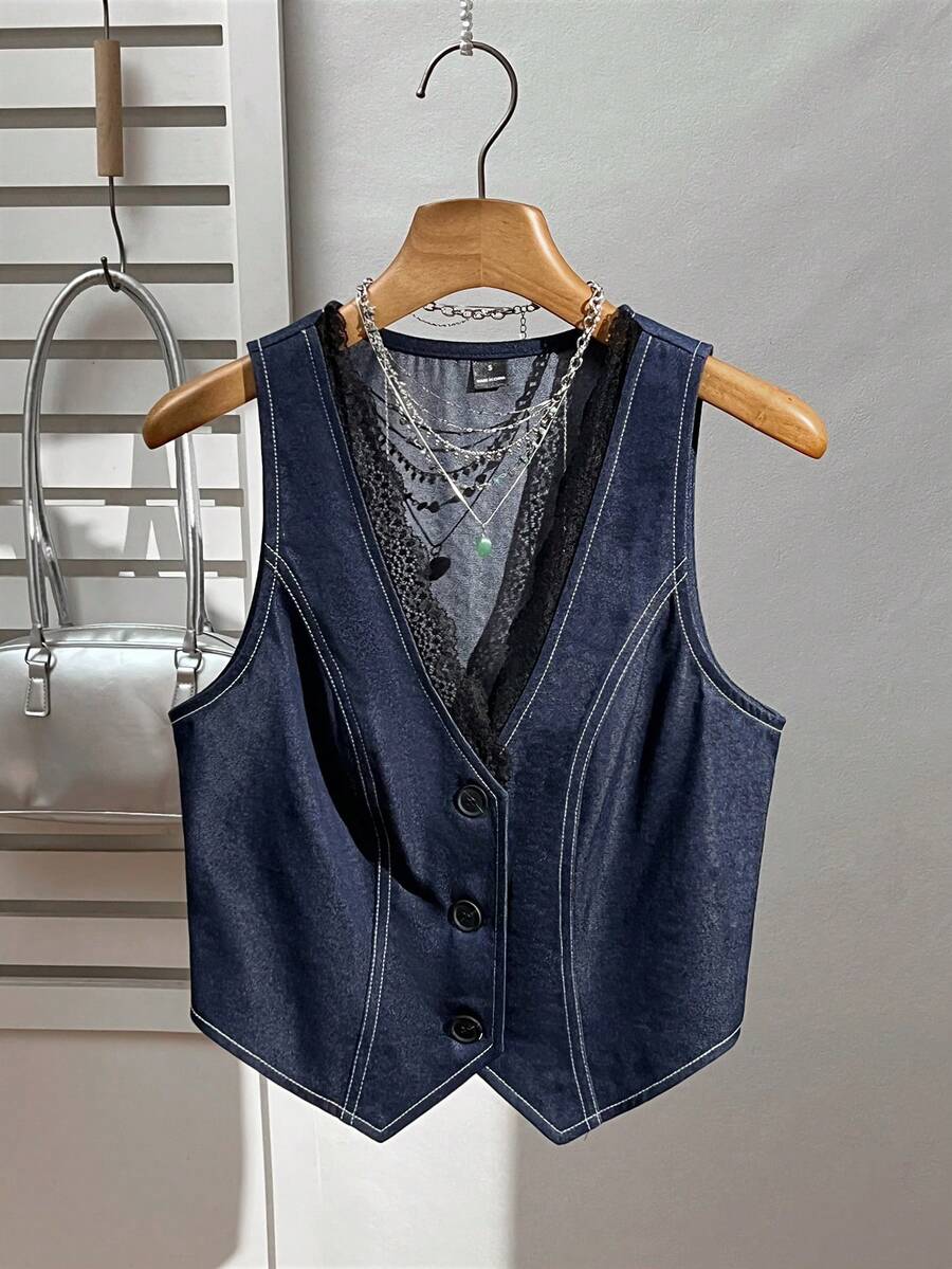 Elamini Women's Waist-Cinching Short Vest Jacket, Deep V-Neck Lace Slit Denim Effect Lightweight Outerwear, Spring/Summer Women's Vest Tops Women Casual Outfits - Blue - View 1