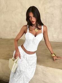 Opulessa Top de tirantes blanco de verano elegante para mujer, de color liso y tejido, para fiesta de té, vacaciones, festival, playa, boda, graduación, lujo y formal - Blanco - Ver 7