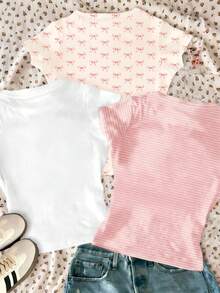 Teen Girl Floral, Bow, Striped Print Casual Short Sleeve T-Shirt - White - View 2