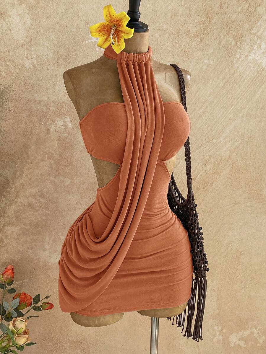 Soleia 女士春夏裹身不对称飘逸系带修身迷你连衣裙,适合约会、花园派对、下午茶、插花、波西米亚风、度假、复古、假日等场合 - 橘色 - 查看 1