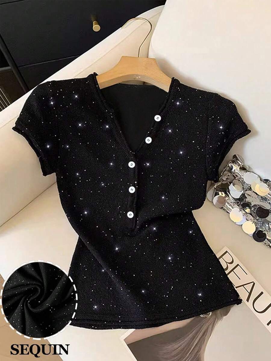 GlowEve Áo thun ngắn tay lấp lánh dành cho nữ, kiểu dáng thường ngày, thích hợp cho mùa hè. - màu đen - Xem 1