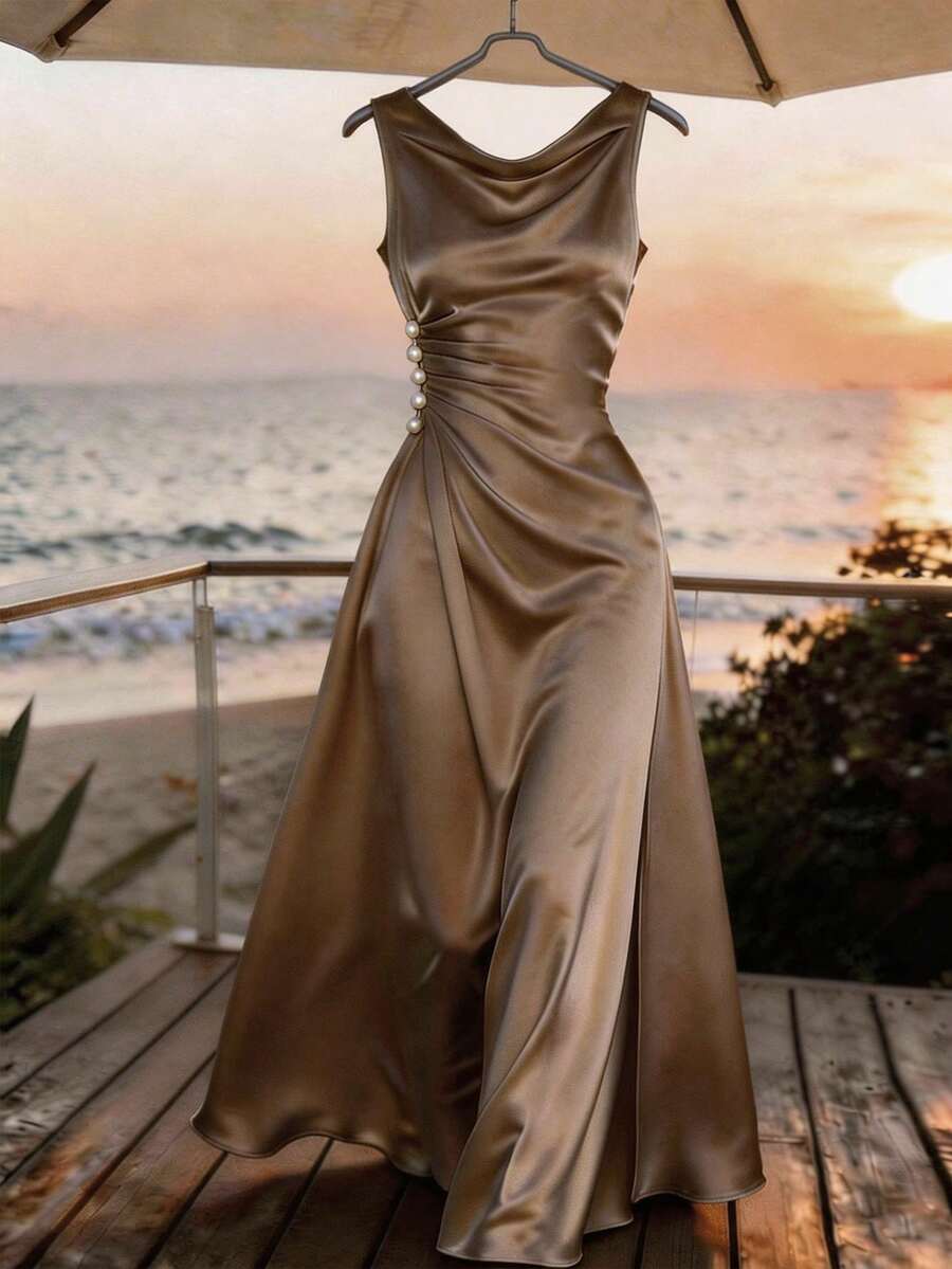 Franclia Đầm satin màu sâm panh thanh lịch dành cho nữ, xếp ly eo, chất liệu satin mềm mại, rủ tự nhiên, trang trí cúc ngọc trai ở eo, đơn giản nhưng tinh tế, kiểu dáng cơ bản được nâng tầm bởi ngọc trai và chất liệu satin, phù hợp cho đi làm mùa xuân/hè, mặc hàng ngày, mùa đông, dự tiệc, đi biển, hẹn hò, lễ tốt nghiệp, công sở, đồng phục giáo viên thành thị, trang phục Giáng sinh năm mới, đầm maxi thường ngày. - màu nâu - Xem 1