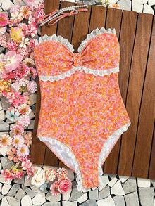 Swim Mod Bộ áo tắm liền quần in hoa đính ngọc trai giả dành cho nữ, thích hợp cho kỳ nghỉ. - Hồng - Xem 5