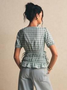 Poéselle 休闲格子圆领短袖系带衬衫，夏季 - 綠色 - 查看 4